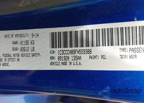 2015 Chrysler 200 Limited z USA, uszkodzony, nr VIN 1C3CCCAB9FN559388